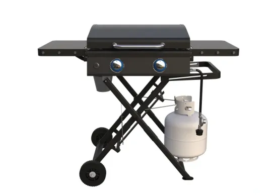 Folding Design Portable 2 Burners Propane Gas Griddle BBQ Grill with Lid and Trolley