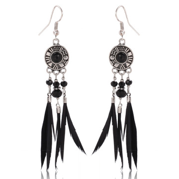Black Feather Earrings Alloy Pendant Crystal Hook Earrings