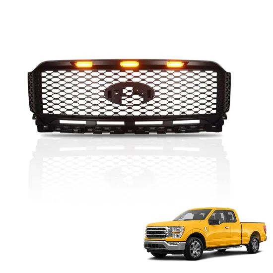 Gobison 2021 Raptor Style Front Bumper with Black Mesh Grille and LED Lights for FORD F150