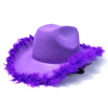 Topi koboi merah jambu dengan bulu untuk wanita - topi parti barat untuk pesta Krismas dan pantai