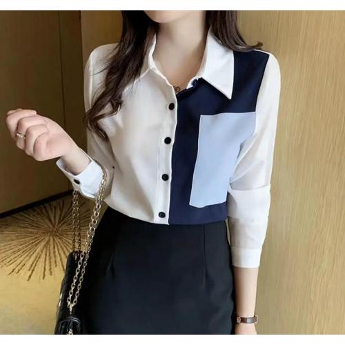 Women's blouses, irregular hem, cutting shirt collar with beading