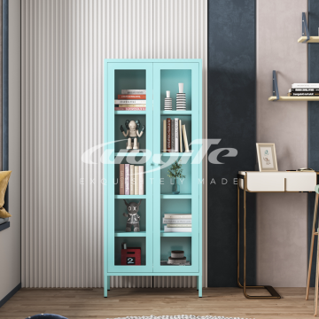 Steel Double Door Bookcase Cyan High Leg Style