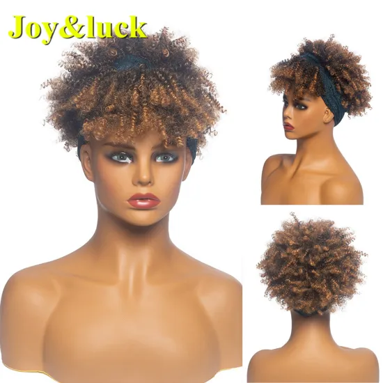 Short Culry Hair Wigs Ombre Brown Color Daily Hair Style Turban Wrap Linked Hair Together Headband Wigs,Synthetic Wigs