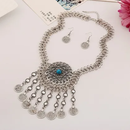 Vintage Coin Women Stylish Jewelry Necklace Locket Jewelry Set