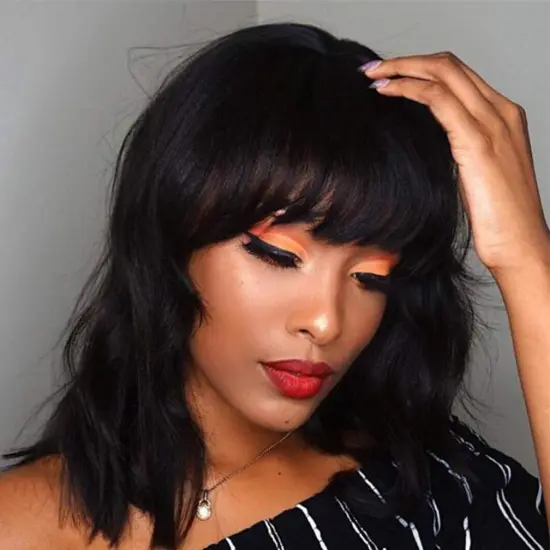 Wholesale Bob Wig With Bangs Short Natural Wavy Wig Brazilian Remy Human Hair For Women Glueless Full Machine Made Wig