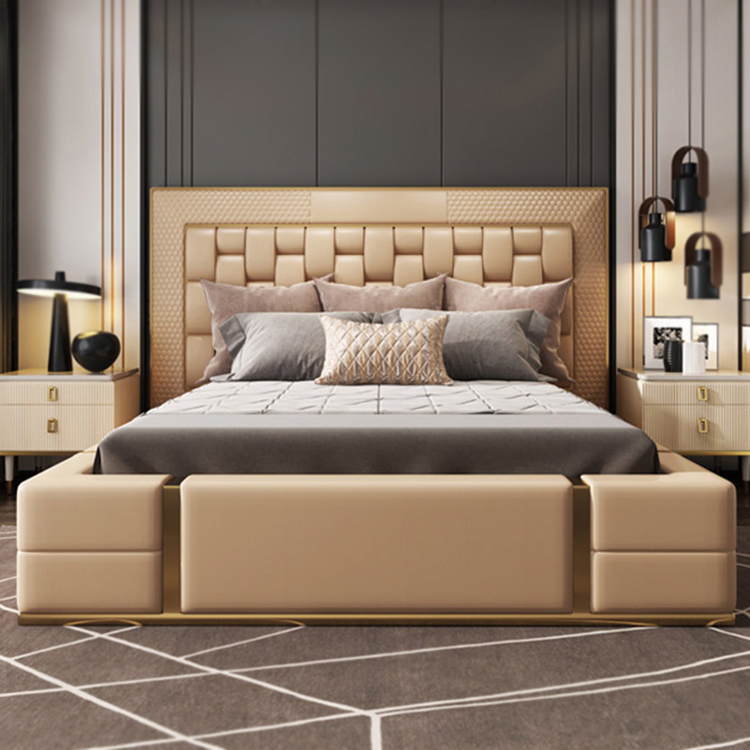 Modern Light Luxury Bedroom Furniture Balat King size Bed Bed High Back Golden Stainless Steel Base na may Imbakan