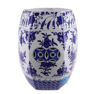 RYKB161 Blue and White Porcelain Pomegranate Flower Hexagon Stool