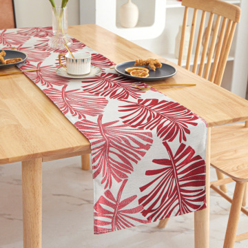 Elegant Red Jacquard Table Runners with Linen and Cotton Leaves Design
