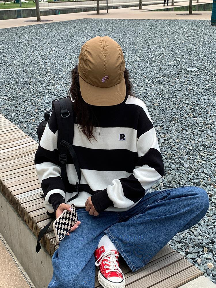 Mulheres Harajuku Sweatshirt de listras de grandes dimensões