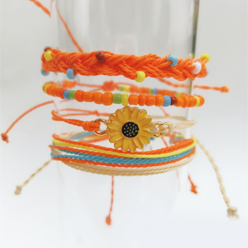 Braided Rope Bracelet Waterproof String Ocean Surfer Bracelet Beaded Boho Women Sunflower Charm