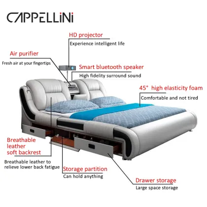 Modern Smart Leather Bed King/Queen Size with Multifunctional Luxury Features