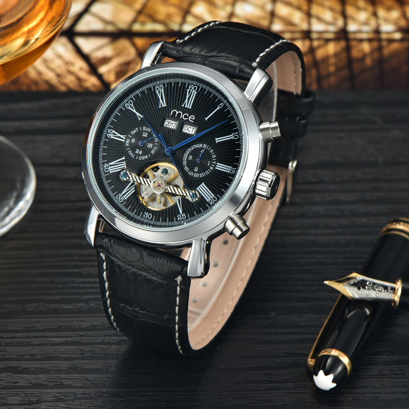 Causal leather strap automatic watch mens fashion