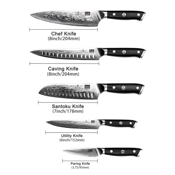 SHAN ZU High-Quality Kitchen Damascus Steel Knives Set: Including Chef, Santoku, Carving, Paring, and Fruit Utility Knives with G10 Handle