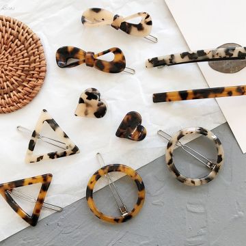 Korean Style Amber Leopard Heart Shape Acrylic Hair Clips Geometric Round Triangle Hairpin Women Girls Hair Acccessories