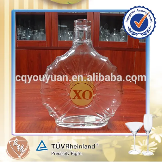 Custom brand flat round empty 75 cl clear glass xo bottle