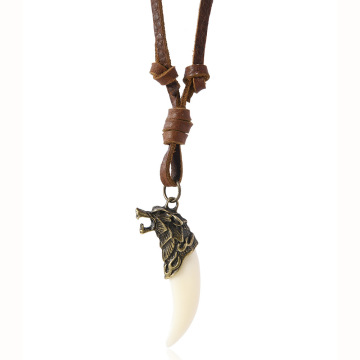 HLC Borong Animal Wolf Tooth Loket Kalung dengan Kulit untuk Lelaki