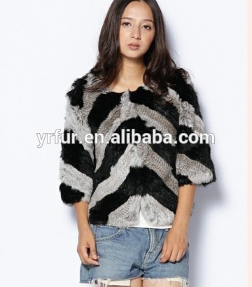 YR280 Rhombus Strip Rabbit Fur Jacket/Half Sleeve Slim Look Fur Jacket