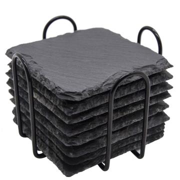 8-Piece 4-Inch Black Slate Coaster Set with Metal Holder - Home & Office Decor