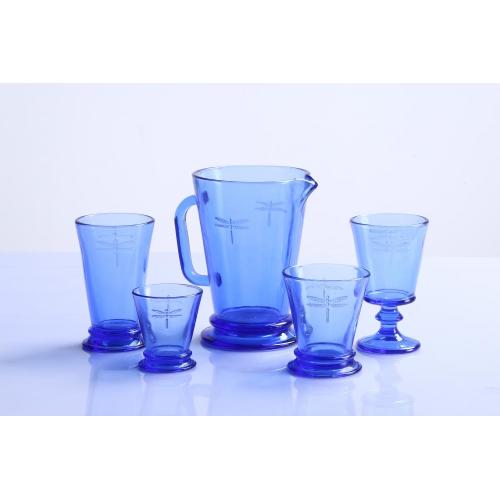 Dragonfly Pattern Drinking Glass Tumbler and Goblet Pitcher Set of 6