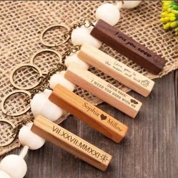 Customizable Gift Bag Charm: Personalized Monogrammed Engraved Wood Bar Keychain for New Drivers, Real Estate Professionals, and Car Keys