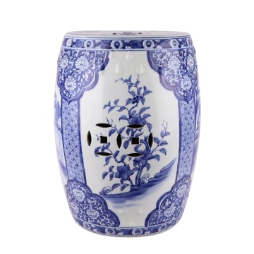 Blue and White Porcelain Open Window Landscape Flower Copper Design Ceramic Drum Stool