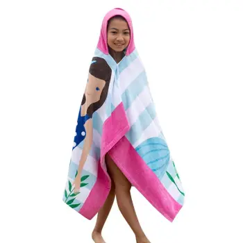 Microfiber Kids Mermaid Brown Hair Cartoon Hooded Poncho Beach Towel