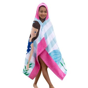 Microfiber Kids Mermaid Brown Hair Cartoon Hooded Poncho Beach Towel