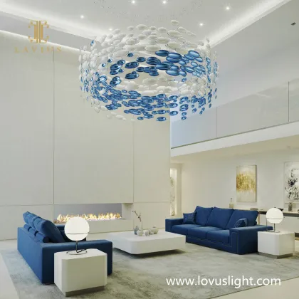 Blue and white jade chandeliers Hotel reception villa living room chandeliers Custom light luxury chandeliers