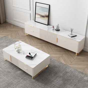 Modern Multi-Functional Luxury White Stone Top TV Cabinet and Tea Table Combo