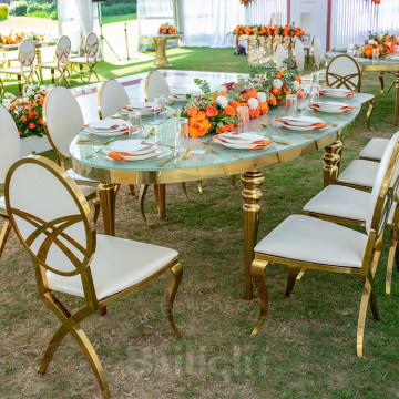 Wholesale Black Glass Top Gold Stainless Steel Frame Oval Banquet Tables