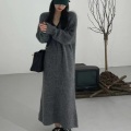 Women Casual Loose Retro Grey v-neck Long-sleeved Dress