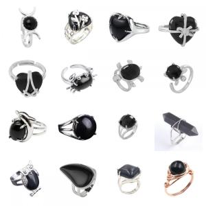 Assorted Natural Black Obsidian Rings Owl Shape Ring for Women Quartz Crystal Heart Rings for Girl Women Wedding Adjustable ring