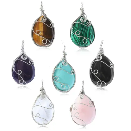 Black Obsidian 25x35MM Teardrop Wrapped Steel Wire Stone Pendant (28X50MM)