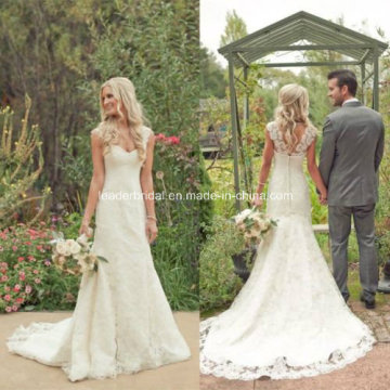 2015 White Back Zipper Lace Court Train Beach Wedding Dress Yao36