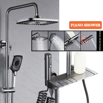Grey 4-Function Wall-Mounted Rainfall Shower Set with Sprayer Gun for Bathroom