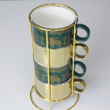 Custom Ceramic Mug Set with Gold Design and Deer Decal - Christmas Gift Set with Stand