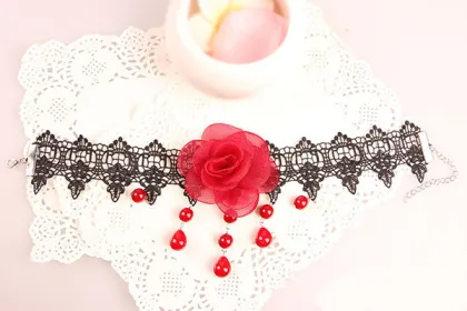 Fashion Lace Collar Necklace Red Rose Pearl Lace Necklace