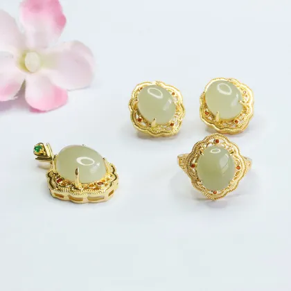 3-Piece Hollow-Out Copper & Hetian Jade Jewelry Set: Earrings, Ring, Pendant, and Necklace