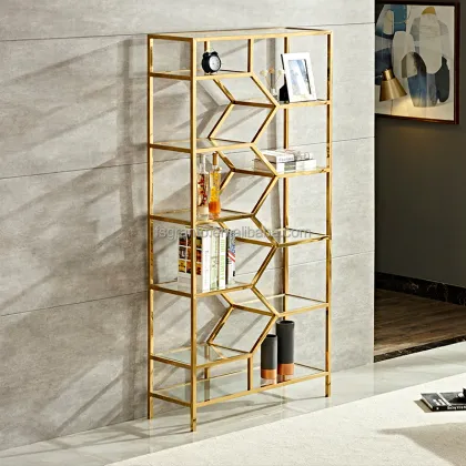 Popular Wholesale Indoor Glass Top Gold Bookshelf for Living Room