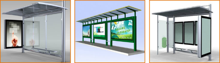 Outdoor Advertising Bus Stop Station with Solar Panel Ceiling and LED Strips Light Box