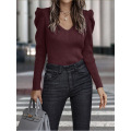 Women V Neck Knitted Puff Sleeve Sweater