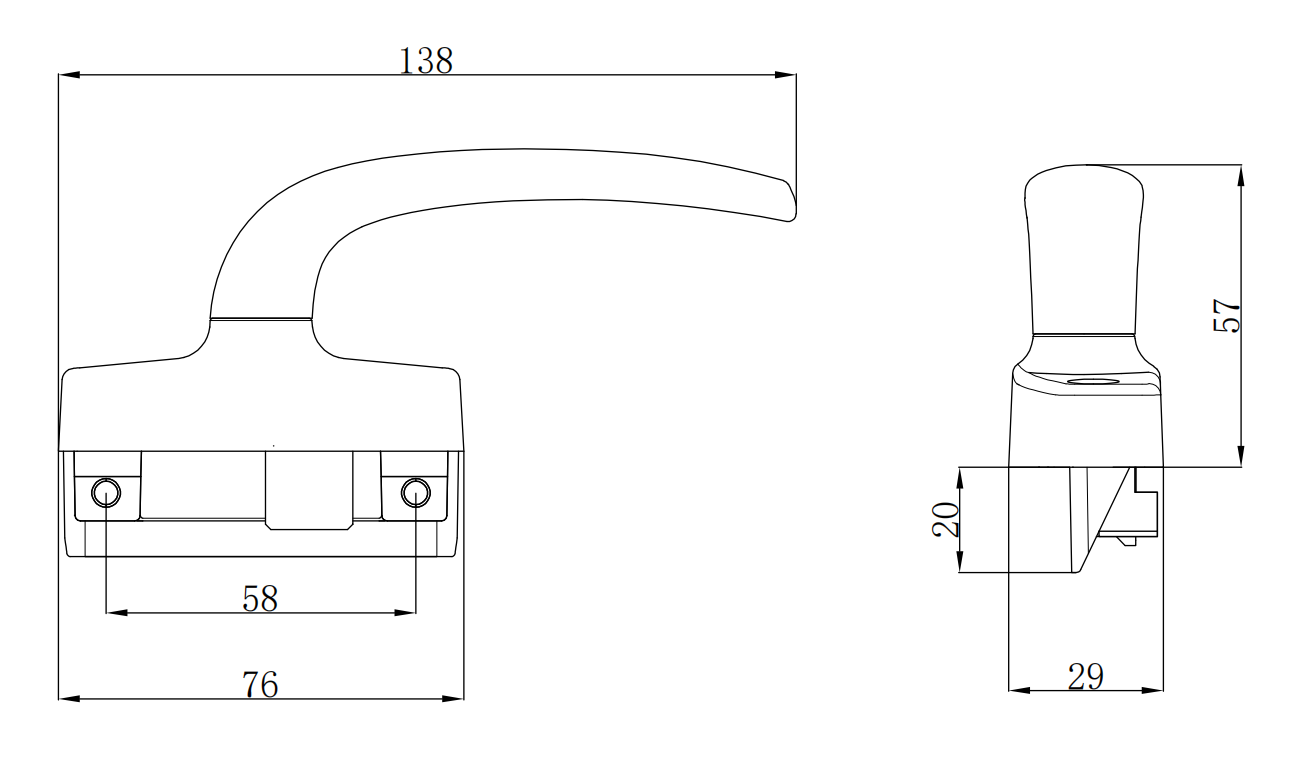 BC223X side-mount aluminum handle installed on aluminum casement, top-hung and curtain wall window vents