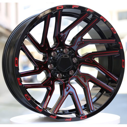Ruedas multirradio fresadas en negro brillante de 22 pulgadas con contorno rojo