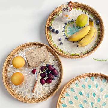 Rattan Woven Round Serving Tray for Coffee Table and Outdoor Gatherings