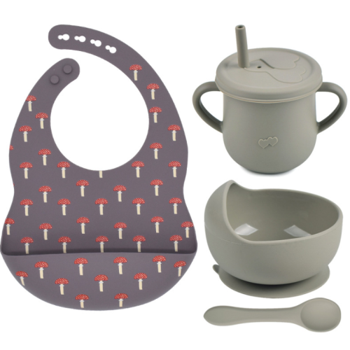 Silikon-Baby-Fütterungs-Set-BIB-Schüssel-Löffel