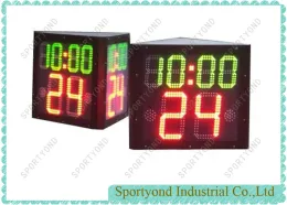 Three faces college shot clock with game time for basketball