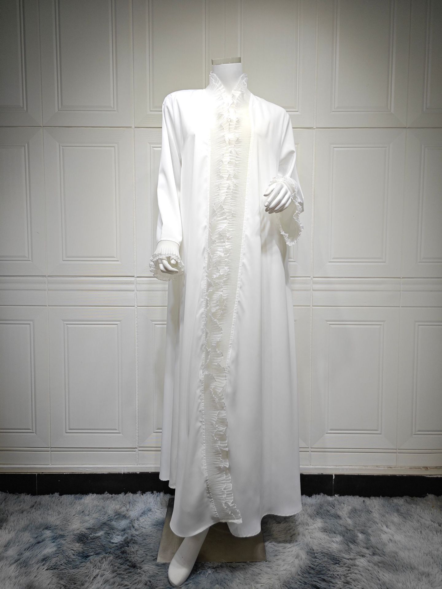 White Ruffle Edge Open Front Abaya Cardigan MQ271 (4)