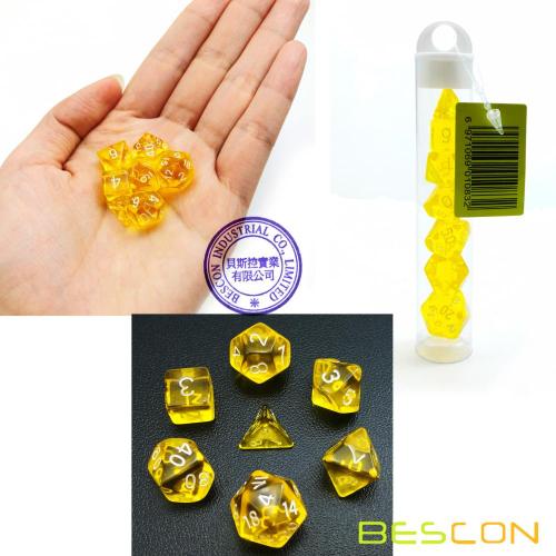Bescon Mini Transluzent polyedrischen RPG Würfel Set 10 MM, kleine RPG Rollenspiel Würfel Set D4-D20 in Tube, transparent gelb