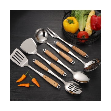 7-piece Stainless Steel Kitchen Utensils Set with Non-slip Handles and Heat Resistance, Including Wooden Handles - Cooking Tools