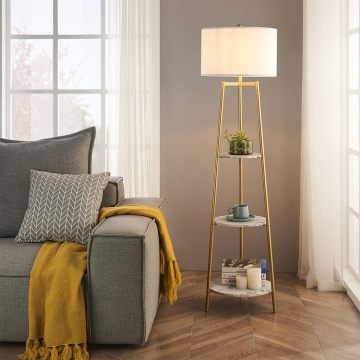 Modern Minimalist Floor Lamp with Faux Marble Shelves and Fabric Shade